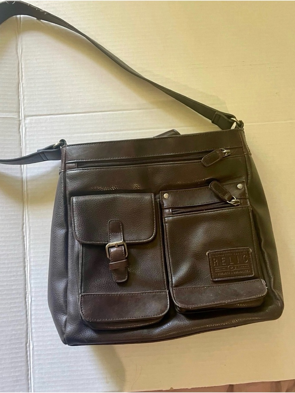 Relic Men's Dark Brown Leather Messenger Bag with Multiple Front Pockets